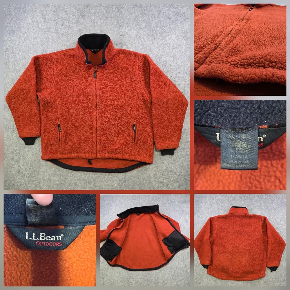 VTG LL Bean Hi Pile Jacket Womens XL Orange Sherpa Fleece‎ Full Zip Pockets USA